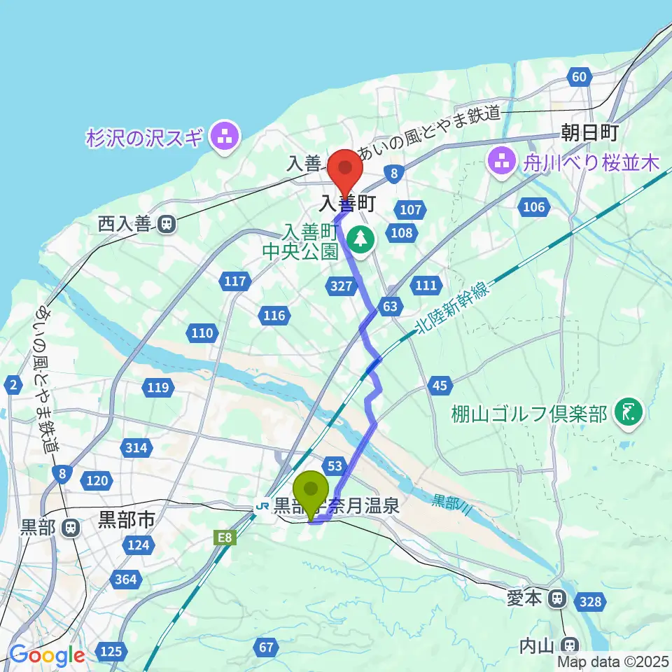 若栗駅から入善町民会館コスモホールへのルートマップ地図