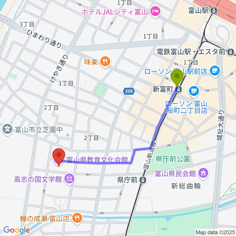 新富町駅から富山県教育文化会館へのルートマップ地図