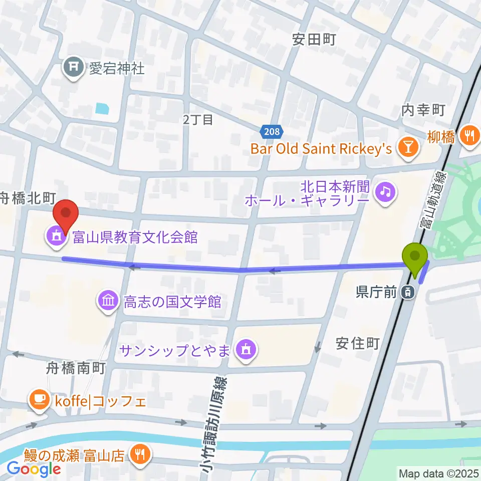 富山県教育文化会館の最寄駅県庁前駅からの徒歩ルート（約6分）地図