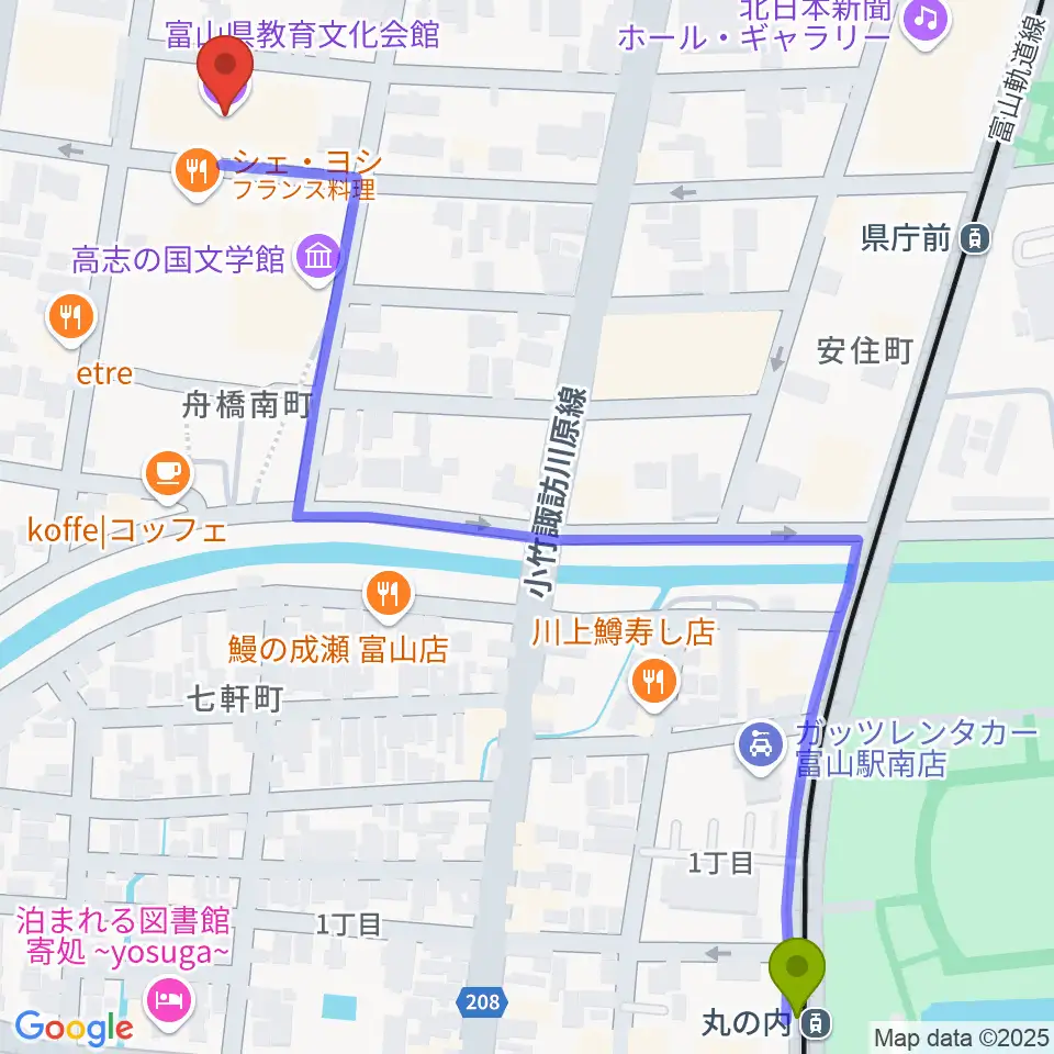 丸の内駅から富山県教育文化会館へのルートマップ地図