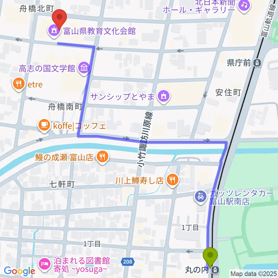 丸の内駅から富山県教育文化会館へのルートマップ地図