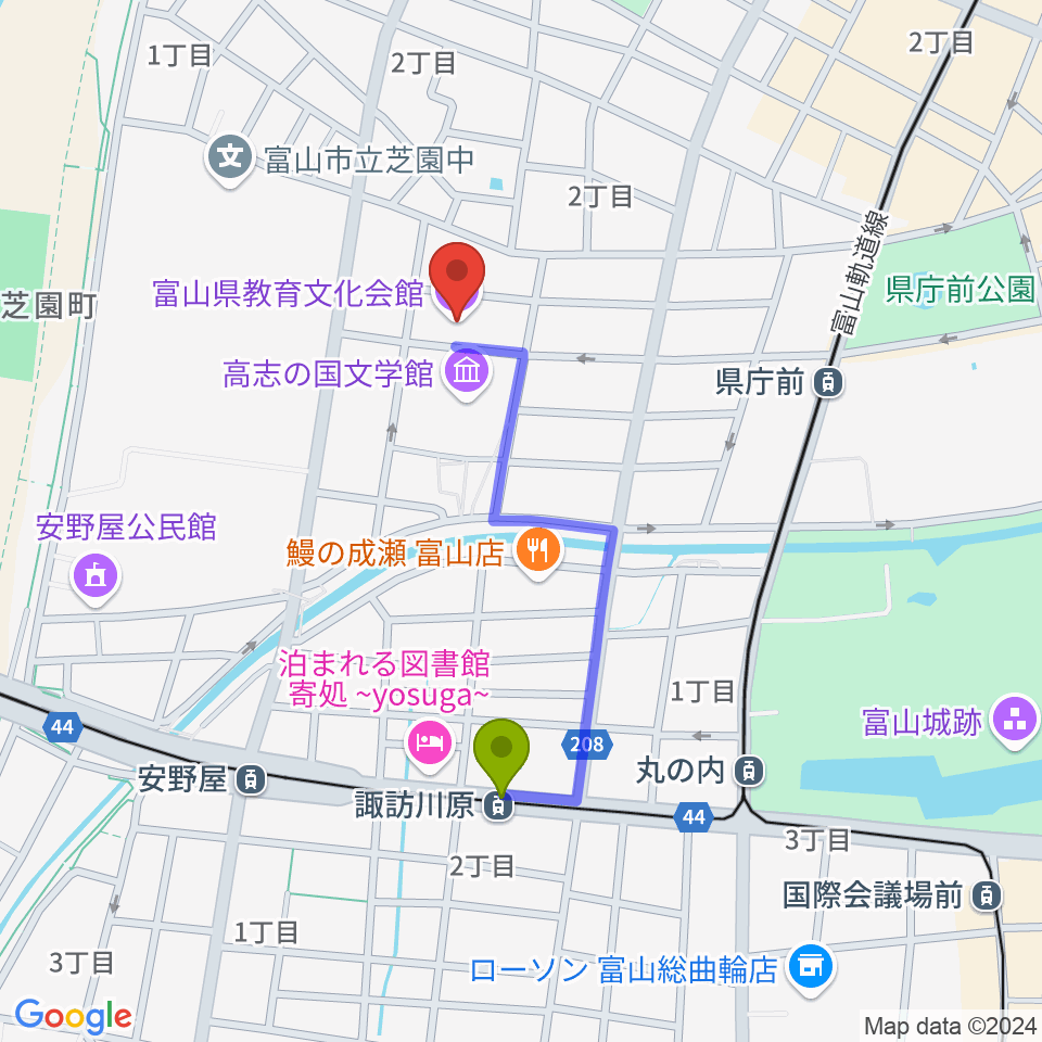 諏訪川原駅から富山県教育文化会館へのルートマップ地図