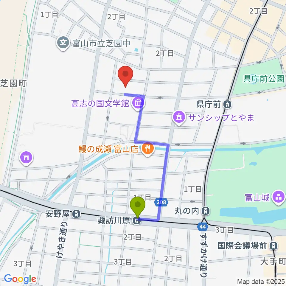 諏訪川原駅から富山県教育文化会館へのルートマップ地図