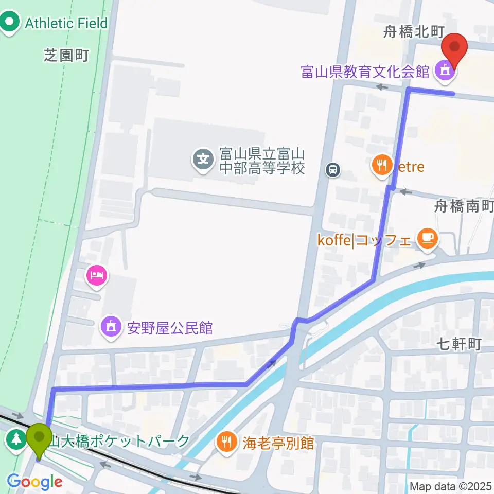 安野屋駅から富山県教育文化会館へのルートマップ地図