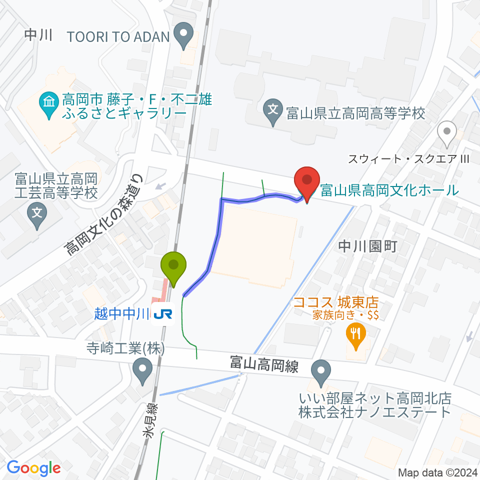 富山県高岡文化ホールの最寄駅越中中川駅からの徒歩ルート（約3分）地図