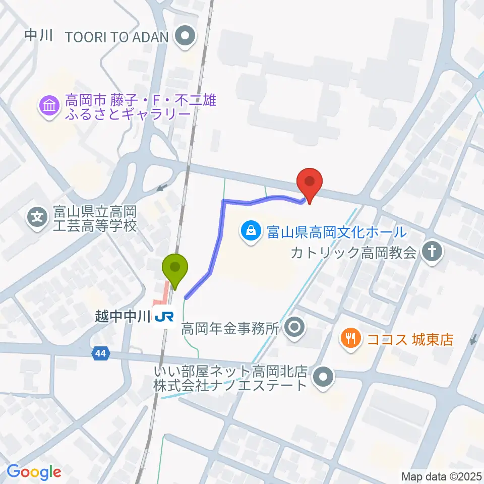 富山県高岡文化ホールの最寄駅越中中川駅からの徒歩ルート（約3分）地図