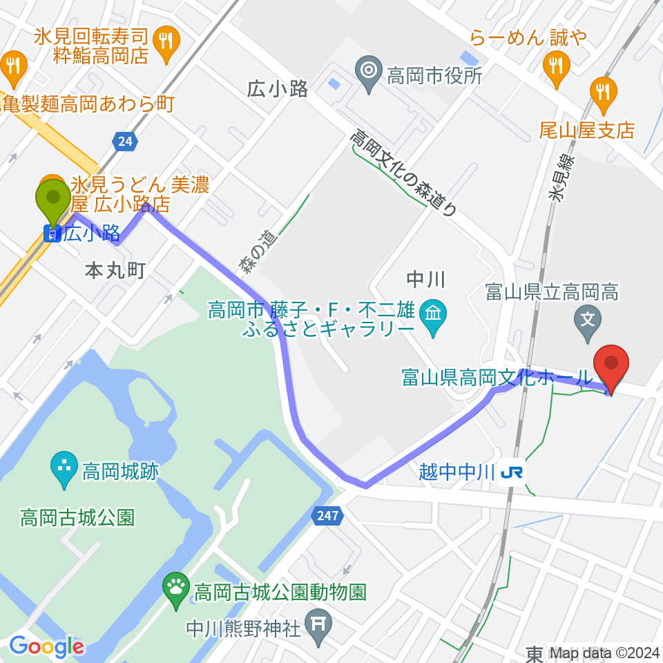 広小路駅から富山県高岡文化ホールへのルートマップ地図