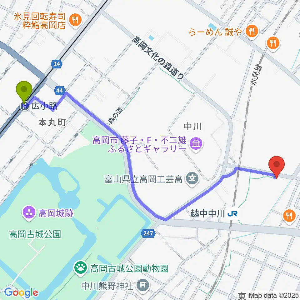 広小路駅から富山県高岡文化ホールへのルートマップ地図