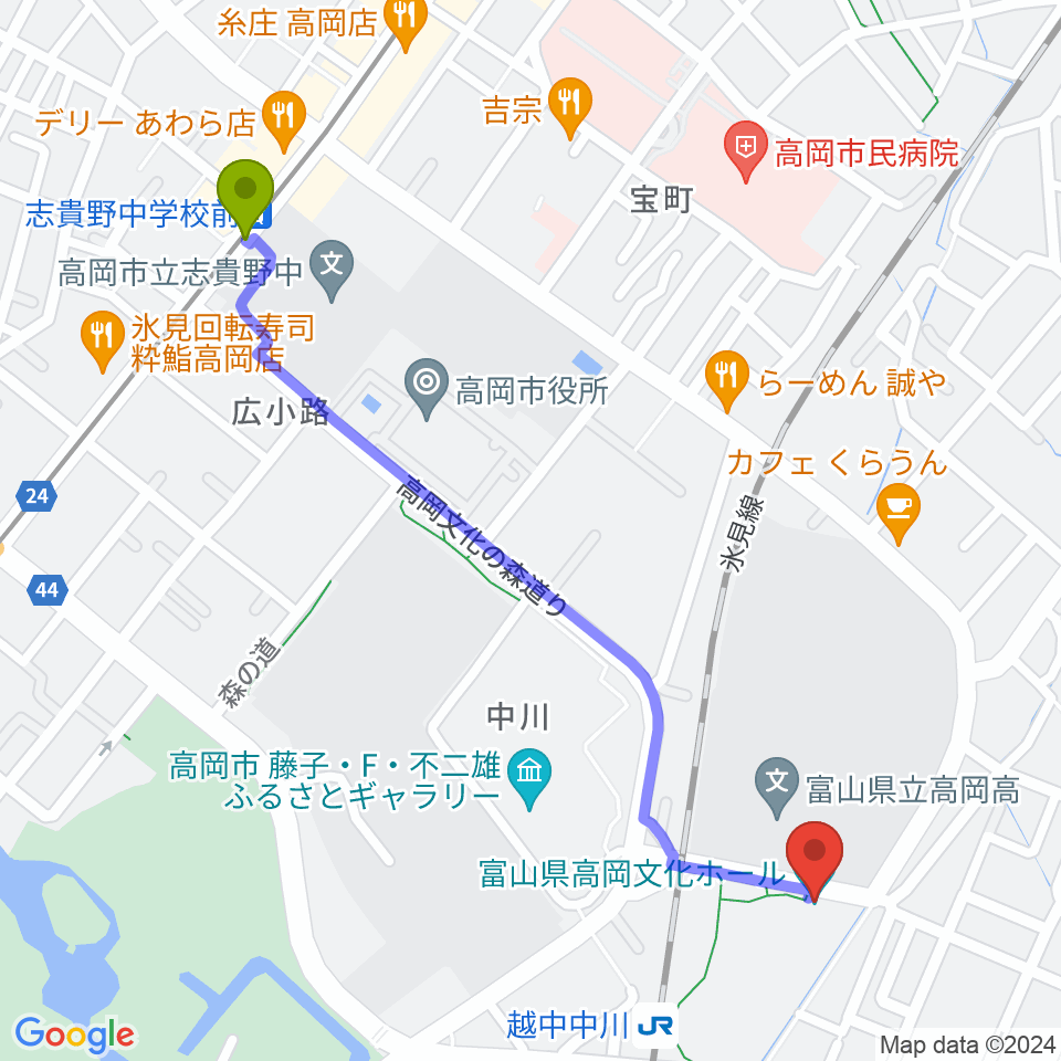 志貴野中学校前駅から富山県高岡文化ホールへのルートマップ地図