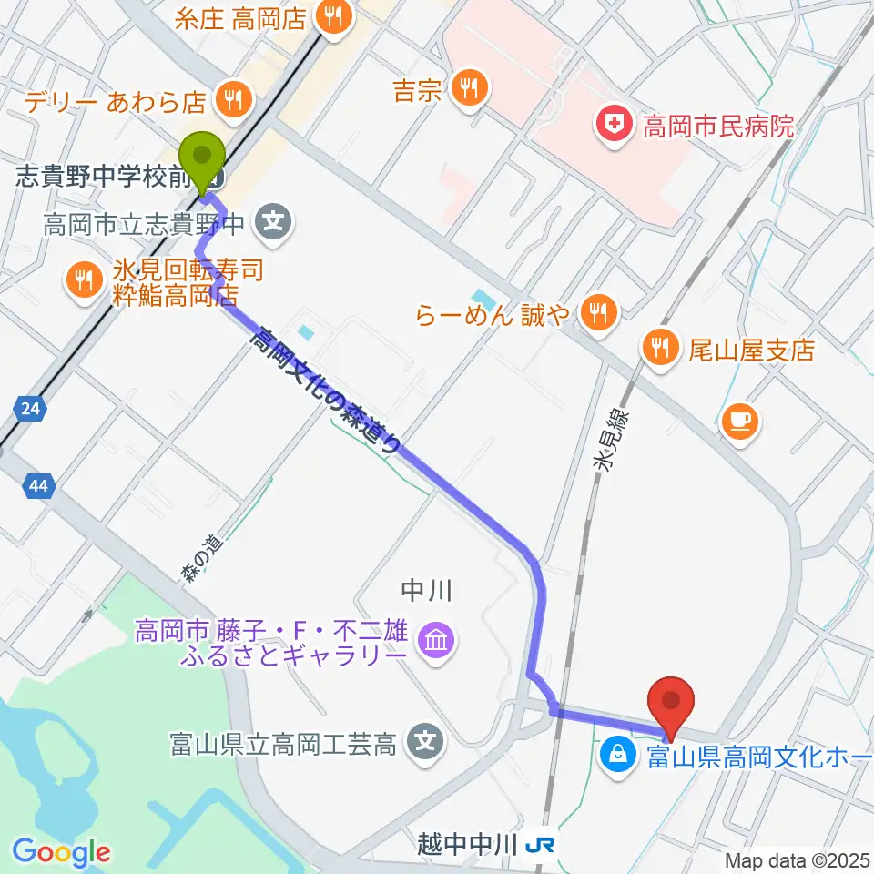志貴野中学校前駅から富山県高岡文化ホールへのルートマップ地図