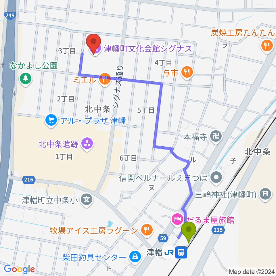 津幡町文化会館 シグナスの最寄駅津幡駅からの徒歩ルート（約12分）地図