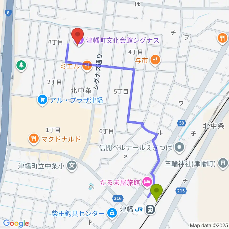津幡町文化会館 シグナスの最寄駅津幡駅からの徒歩ルート（約12分）地図