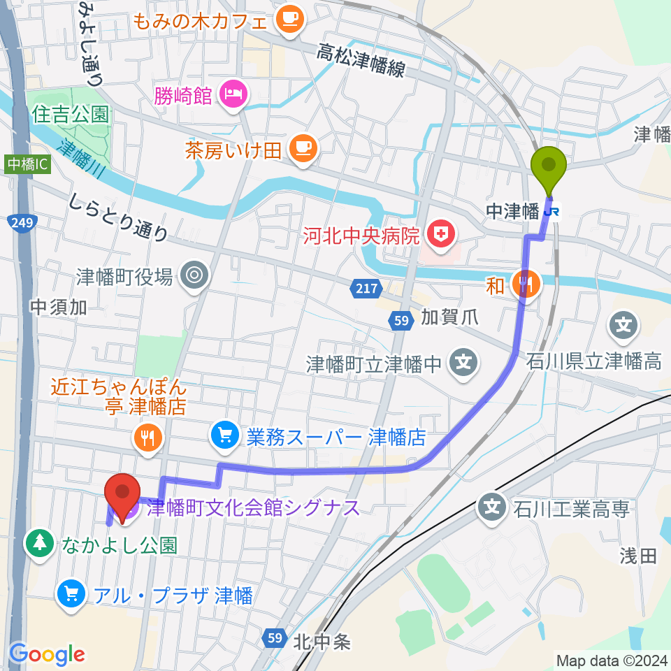 中津幡駅から津幡町文化会館 シグナスへのルートマップ地図