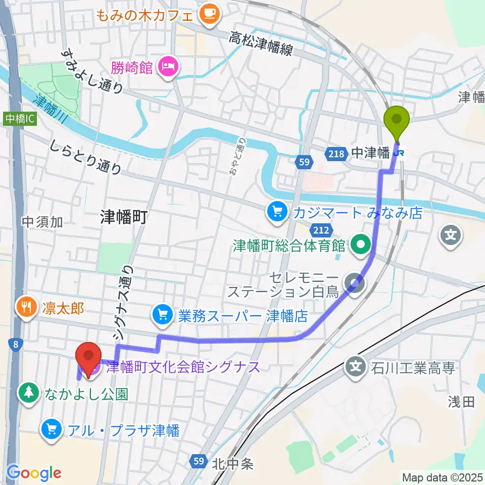 中津幡駅から津幡町文化会館 シグナスへのルートマップ地図