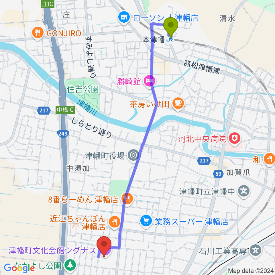 本津幡駅から津幡町文化会館 シグナスへのルートマップ地図