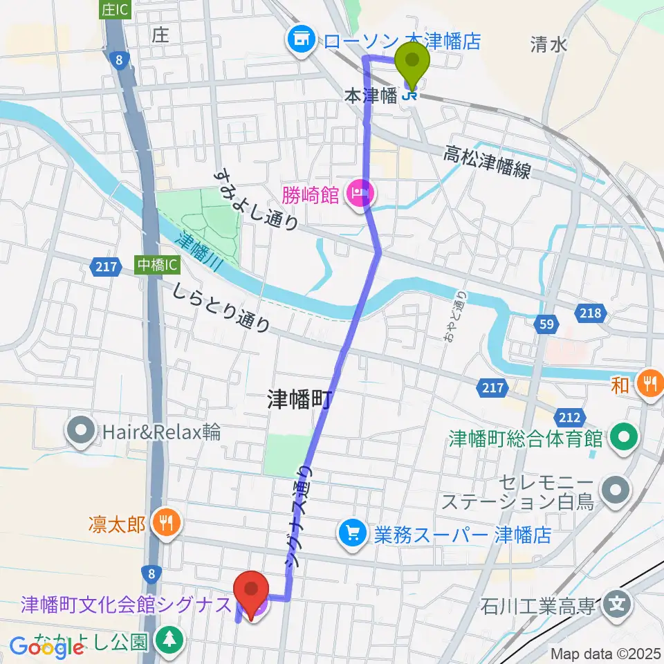 本津幡駅から津幡町文化会館 シグナスへのルートマップ地図