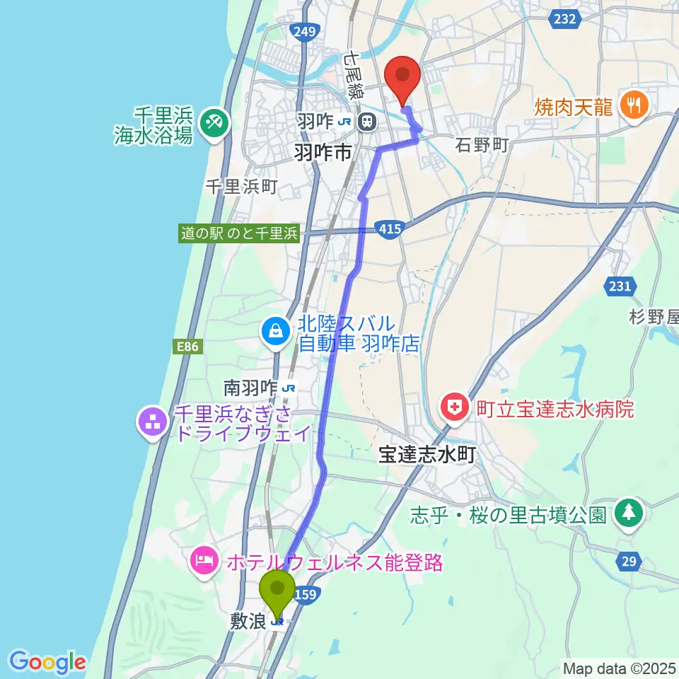 敷浪駅からコスモアイル羽咋へのルートマップ地図