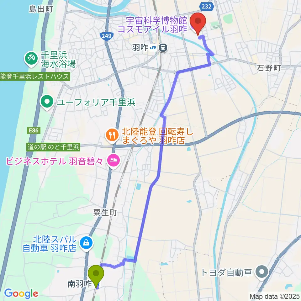 南羽咋駅からコスモアイル羽咋へのルートマップ地図