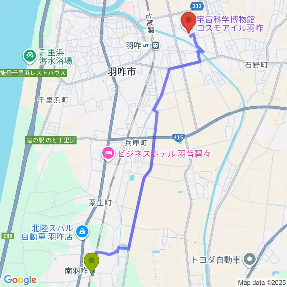 南羽咋駅からコスモアイル羽咋へのルートマップ地図