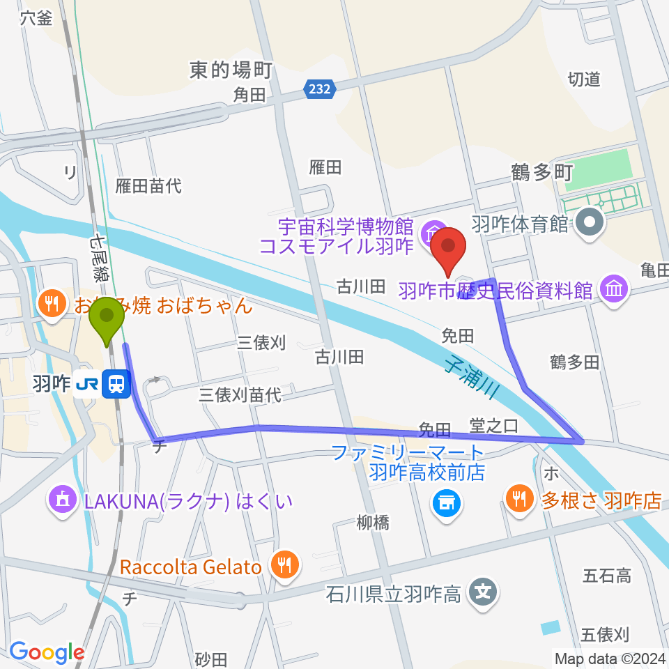 コスモアイル羽咋の最寄駅羽咋駅からの徒歩ルート（約8分）地図