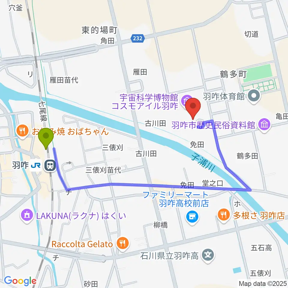 コスモアイル羽咋の最寄駅羽咋駅からの徒歩ルート（約8分）地図