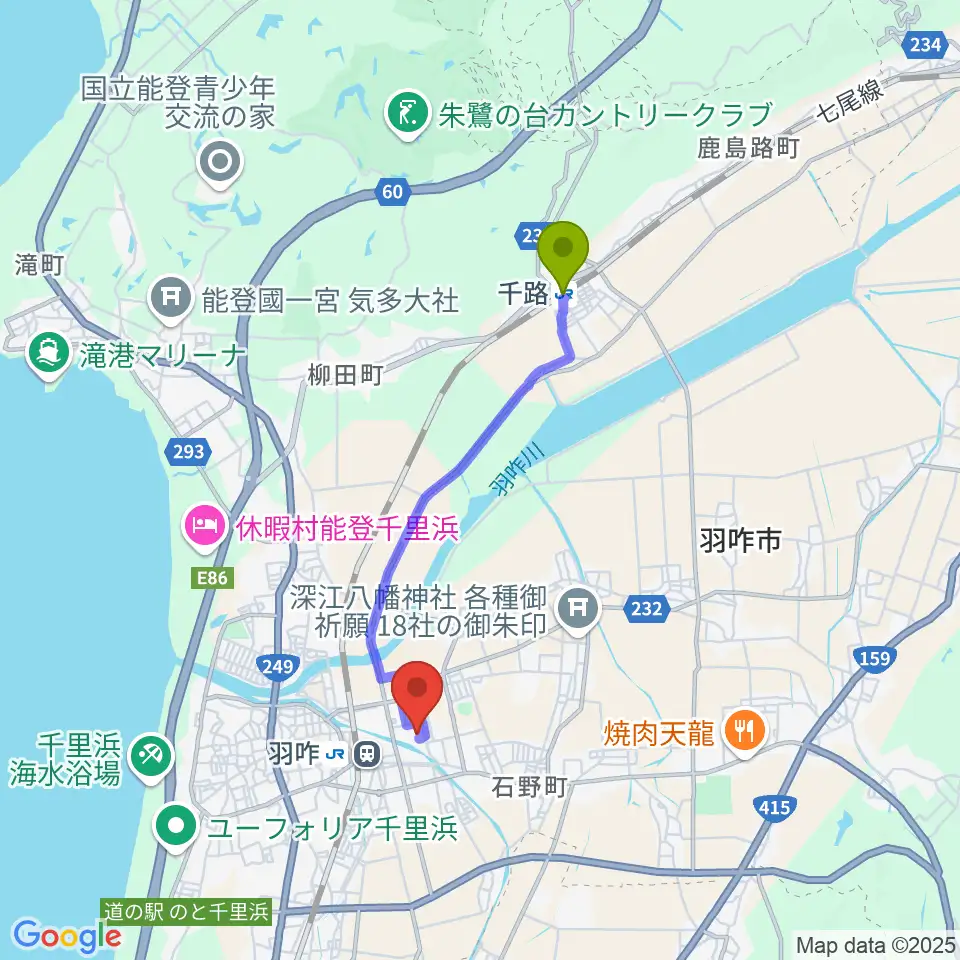 千路駅からコスモアイル羽咋へのルートマップ地図