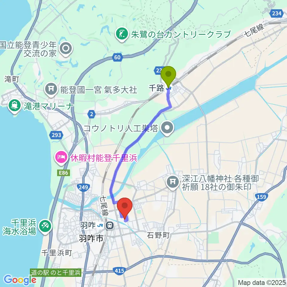 千路駅からコスモアイル羽咋へのルートマップ地図