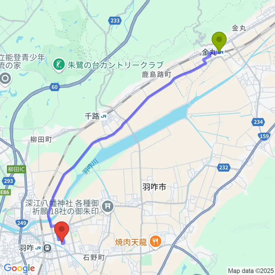 金丸駅からコスモアイル羽咋へのルートマップ地図