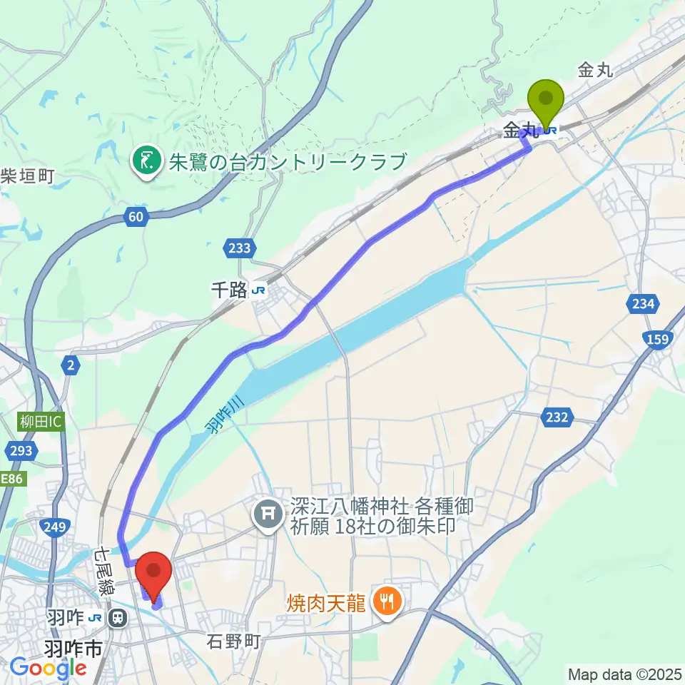 金丸駅からコスモアイル羽咋へのルートマップ地図