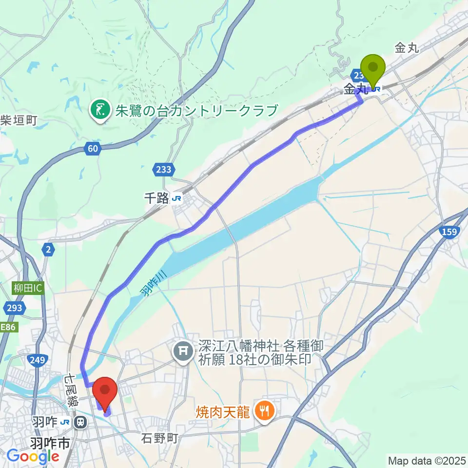 金丸駅からコスモアイル羽咋へのルートマップ地図