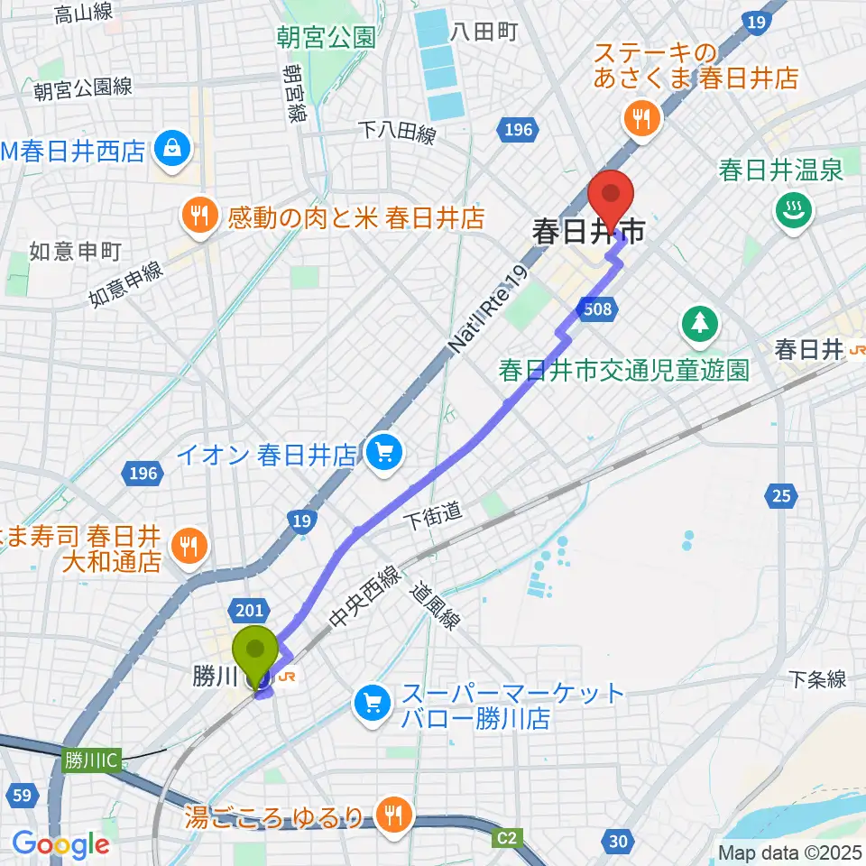 勝川駅から文化フォーラム春日井へのルートマップ地図