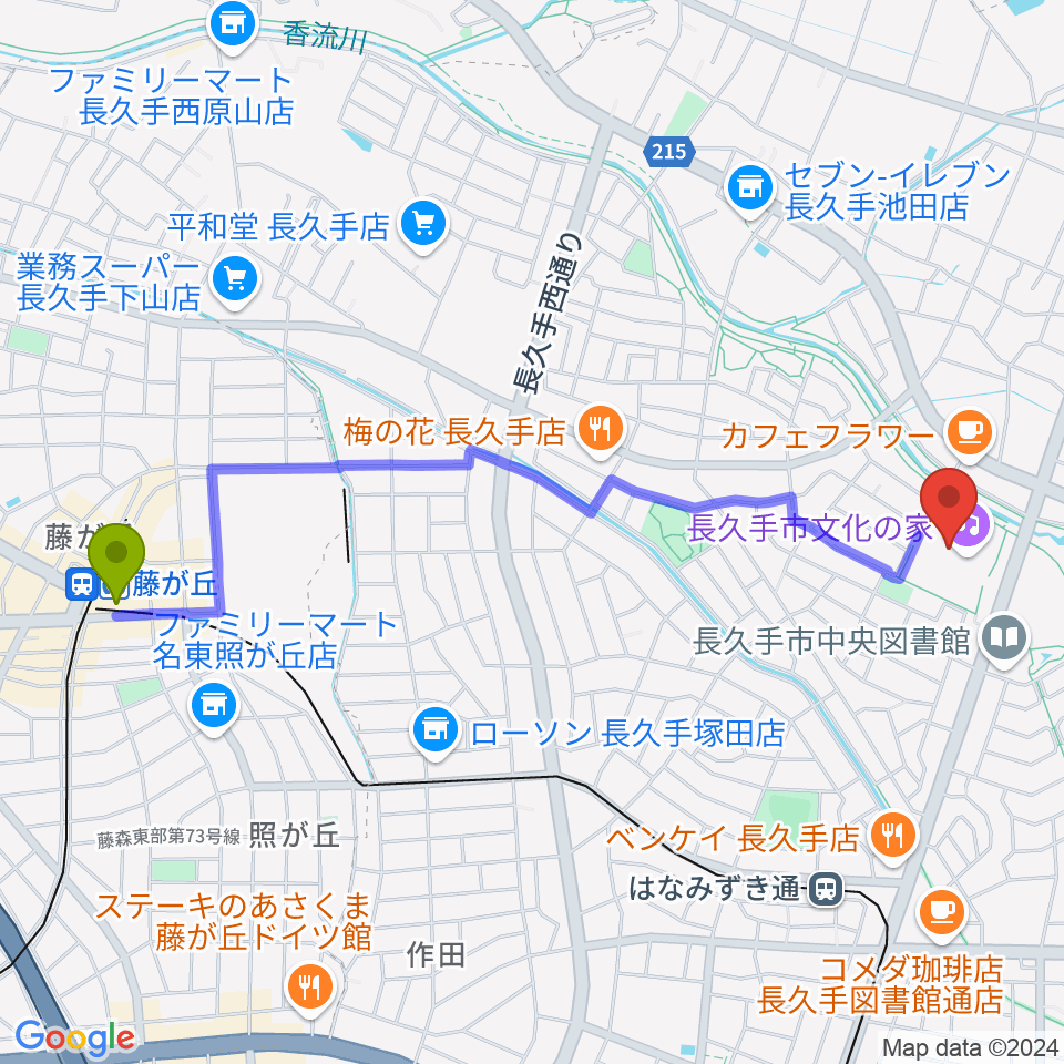 藤が丘駅から長久手市文化の家へのルートマップ地図