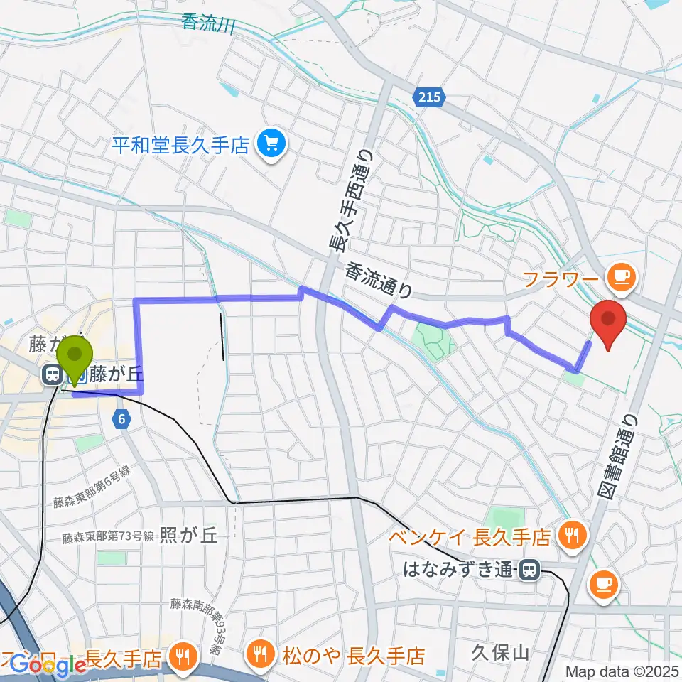 藤が丘駅から長久手市文化の家へのルートマップ地図