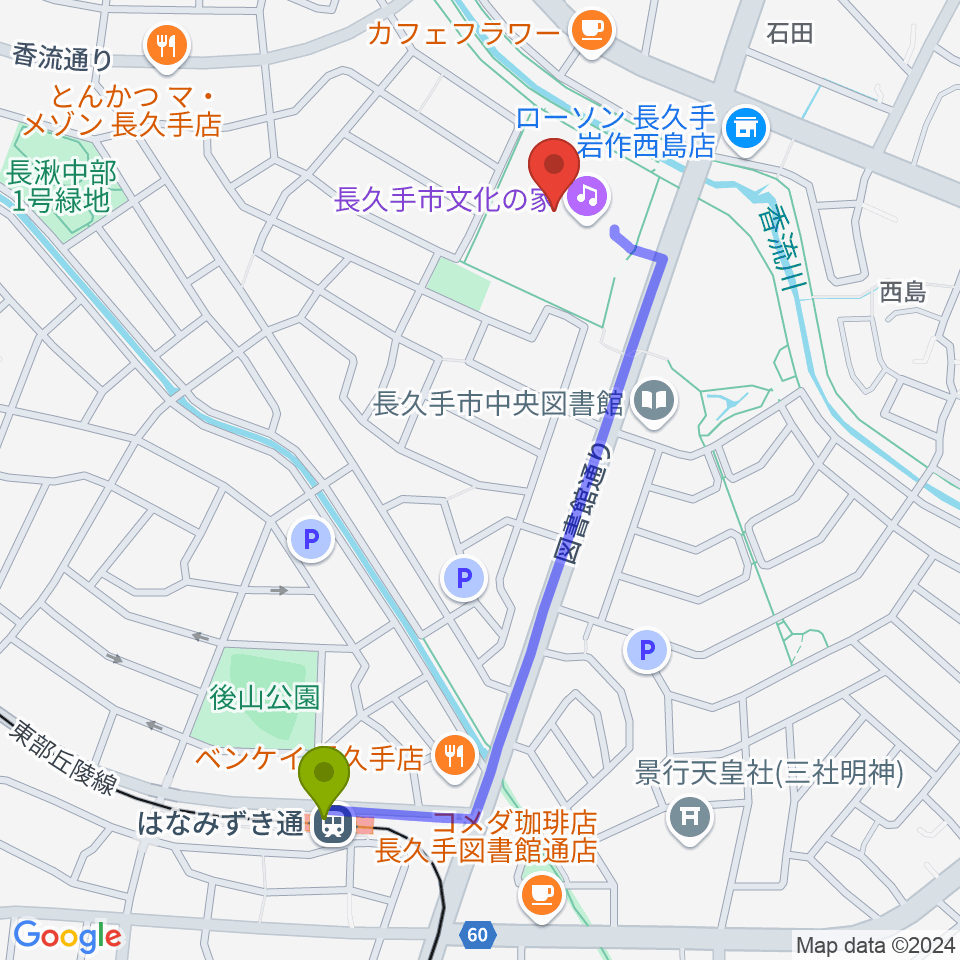 長久手市文化の家の最寄駅はなみずき通駅からの徒歩ルート（約11分）地図