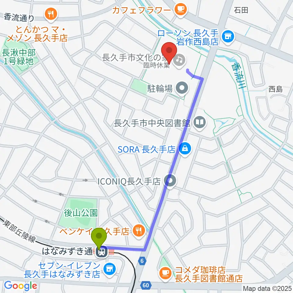 長久手市文化の家の最寄駅はなみずき通駅からの徒歩ルート（約11分）地図