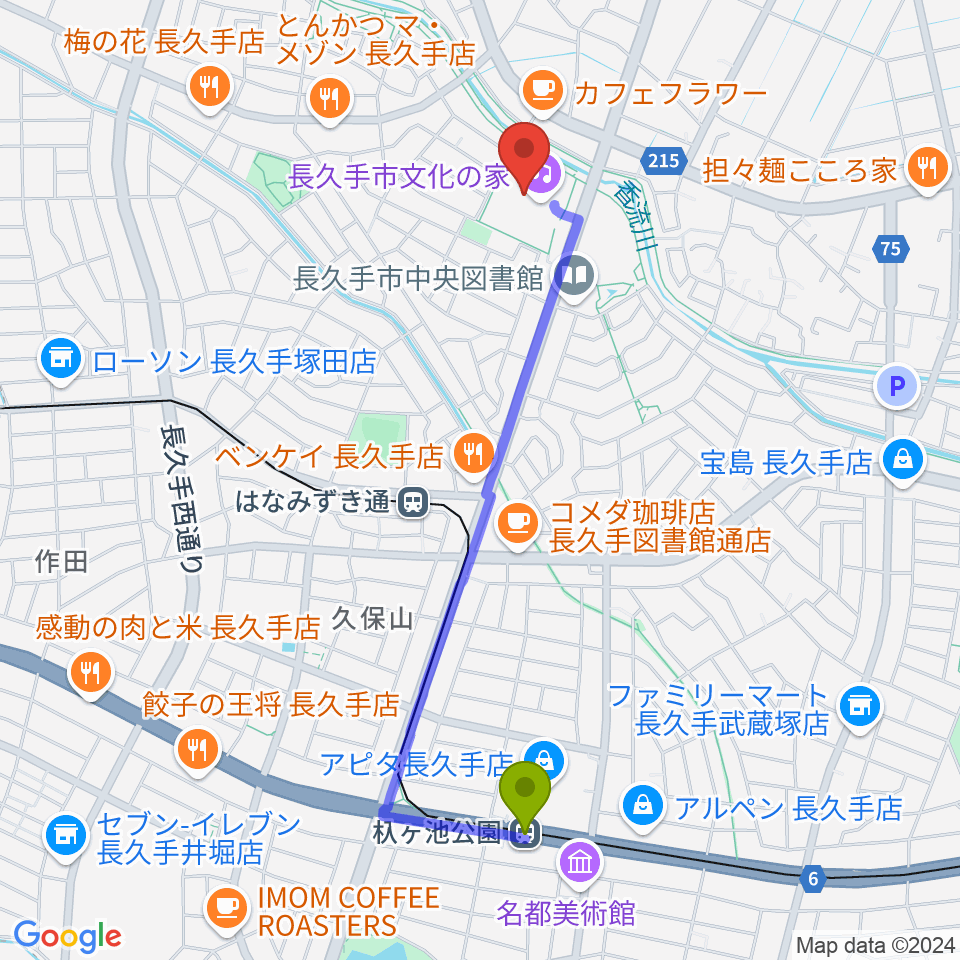 杁ヶ池公園駅から長久手市文化の家へのルートマップ地図