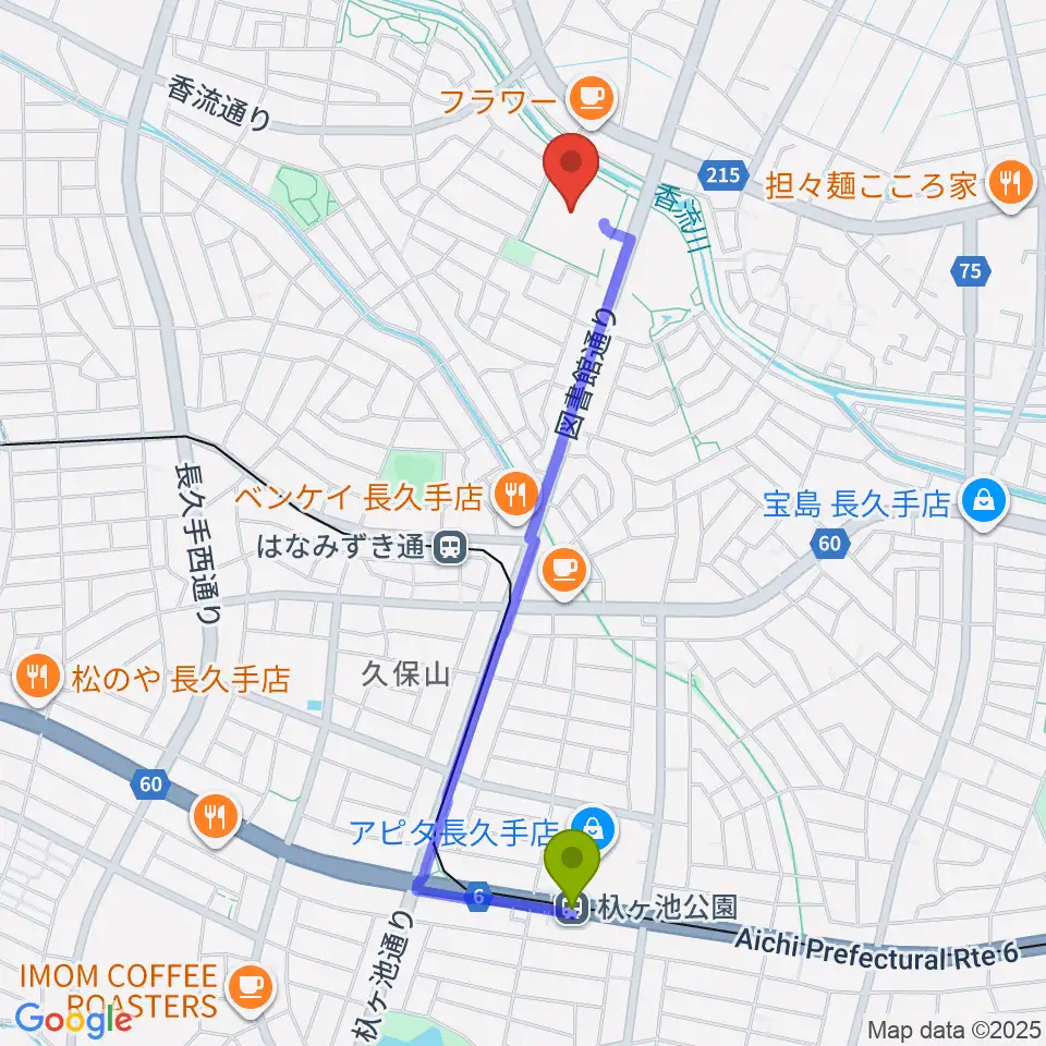 杁ヶ池公園駅から長久手市文化の家へのルートマップ地図