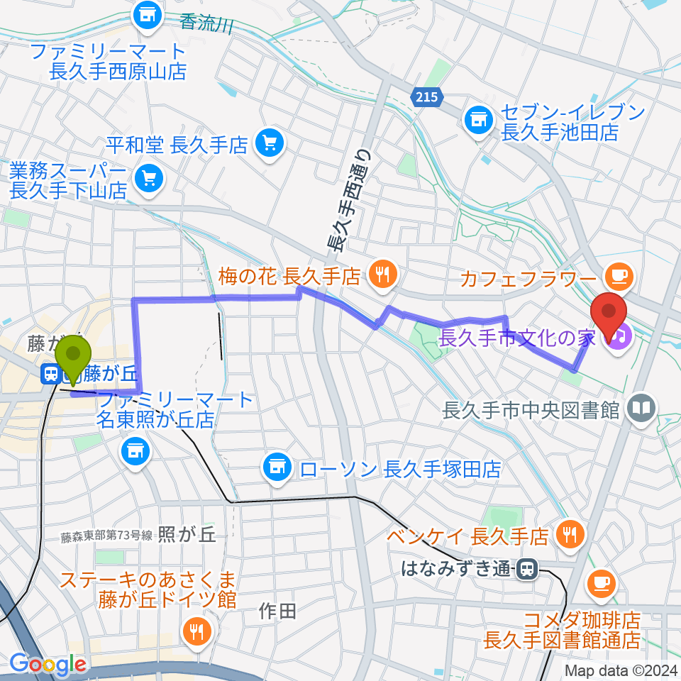 藤が丘駅から長久手市文化の家 音楽室・音楽スタジオへのルートマップ地図