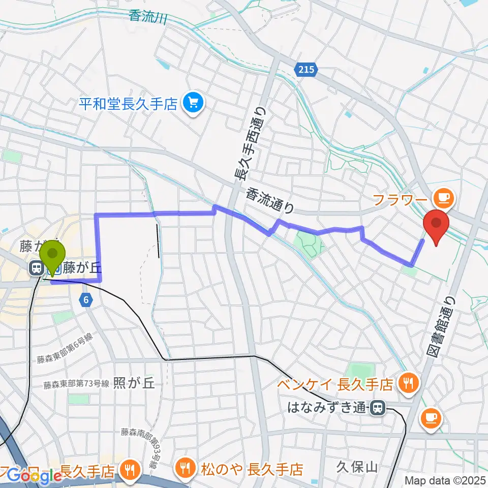 藤が丘駅から長久手市文化の家 音楽室・音楽スタジオへのルートマップ地図