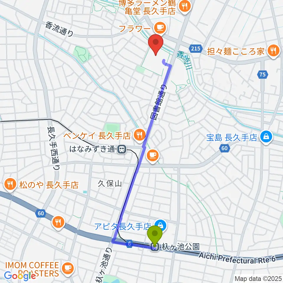 杁ヶ池公園駅から長久手市文化の家 音楽室・音楽スタジオへのルートマップ地図