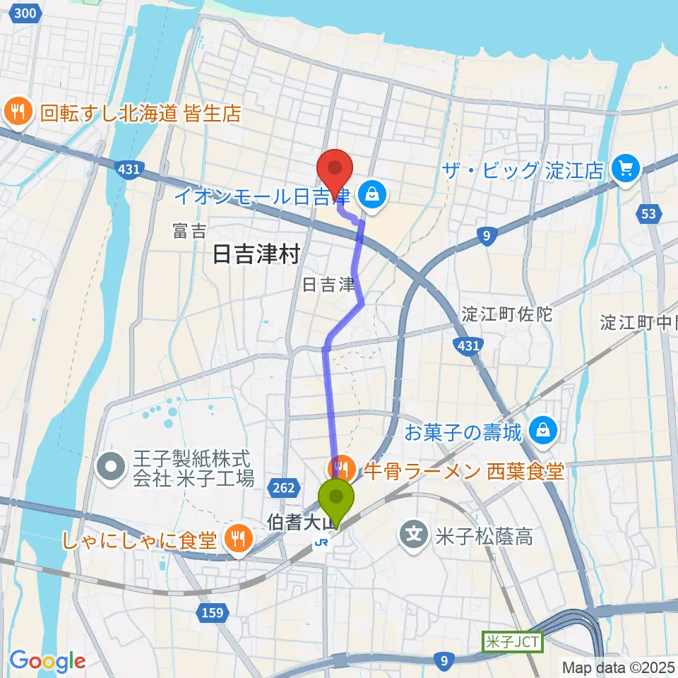 島村楽器 イオンモール日吉津店  の最寄駅伯耆大山駅からの徒歩ルート（約30分）地図