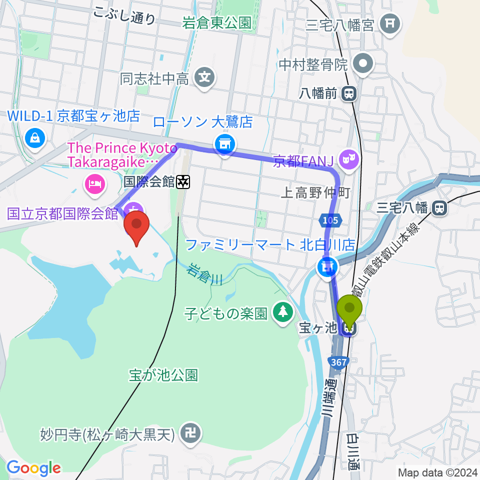 宝ヶ池駅から国立京都国際会館 ICC Kyotoへのルートマップ地図