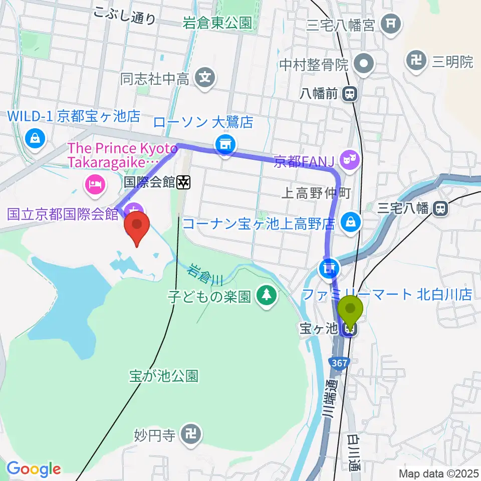 宝ヶ池駅から国立京都国際会館 ICC Kyotoへのルートマップ地図