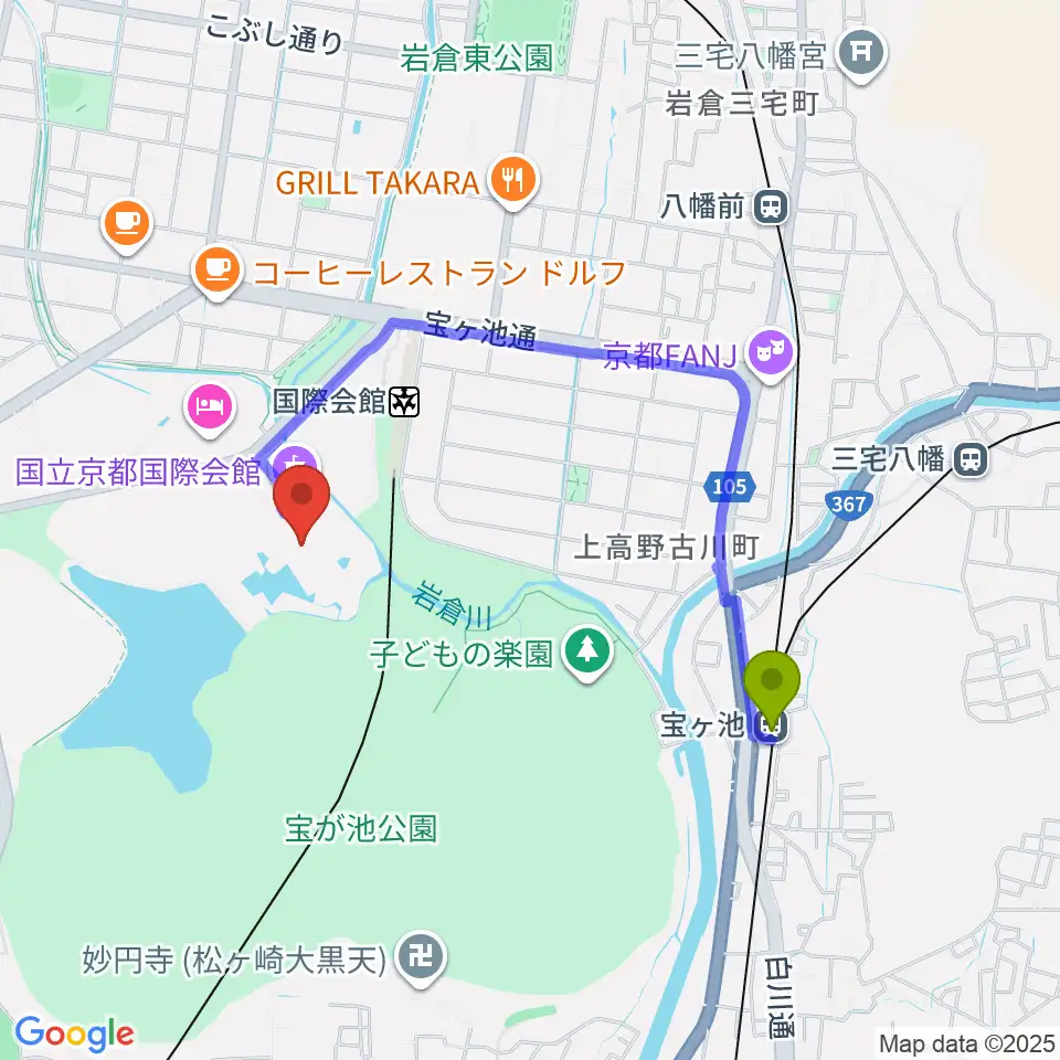宝ヶ池駅から国立京都国際会館 ICC Kyotoへのルートマップ地図