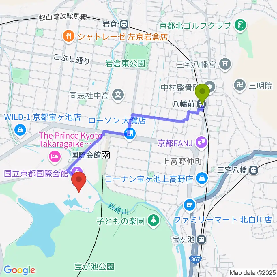 八幡前駅から国立京都国際会館 ICC Kyotoへのルートマップ地図