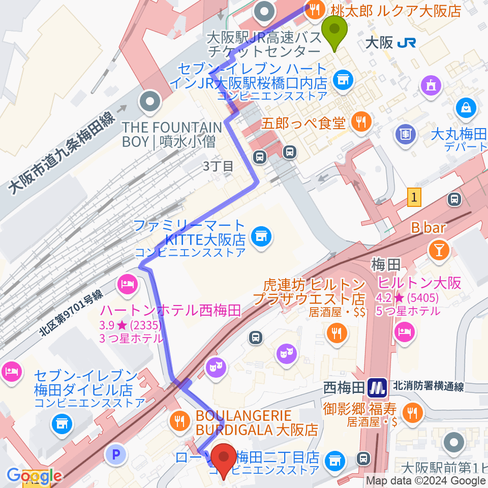 サンケイホールブリーゼの最寄駅大阪駅からの徒歩ルート（約7分）地図