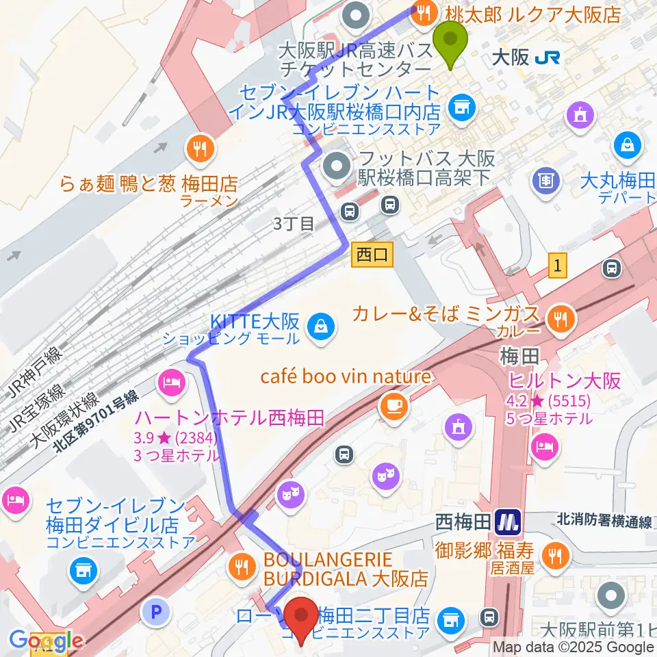 サンケイホールブリーゼの最寄駅大阪駅からの徒歩ルート（約7分）地図