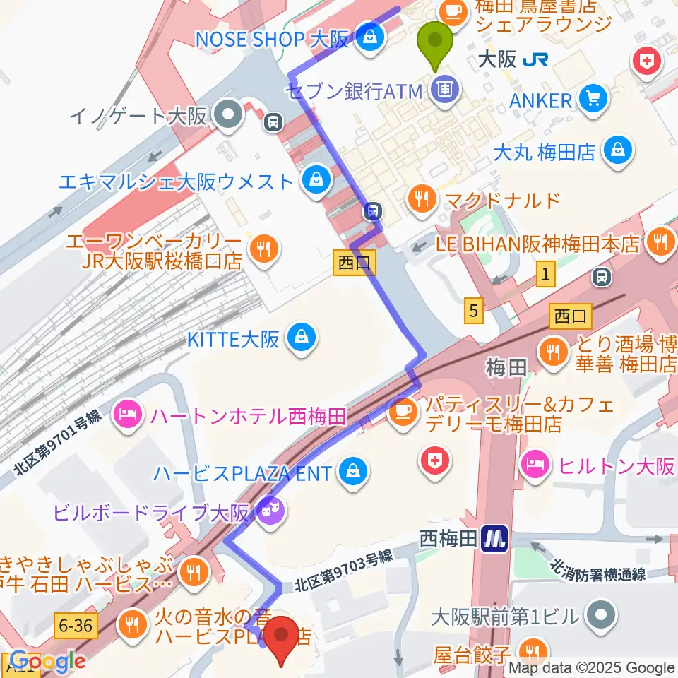 サンケイホールブリーゼの最寄駅大阪駅からの徒歩ルート（約7分）地図