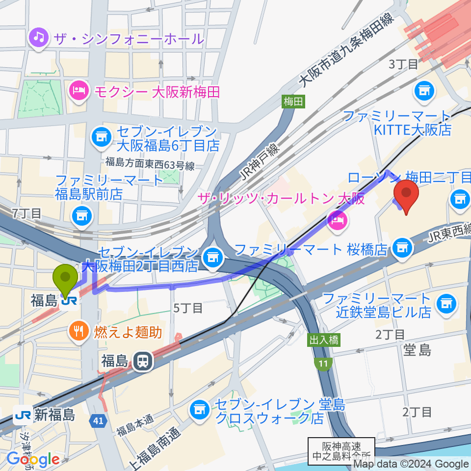 福島駅からサンケイホールブリーゼへのルートマップ地図