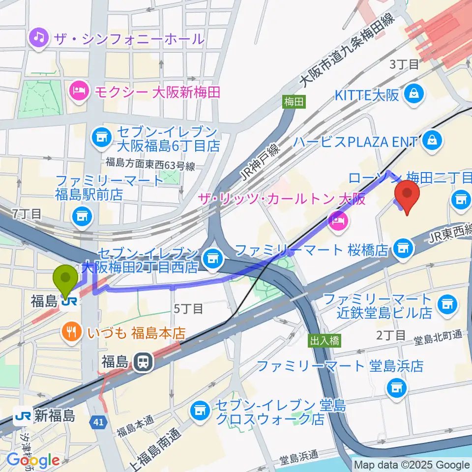 福島駅からサンケイホールブリーゼへのルートマップ地図